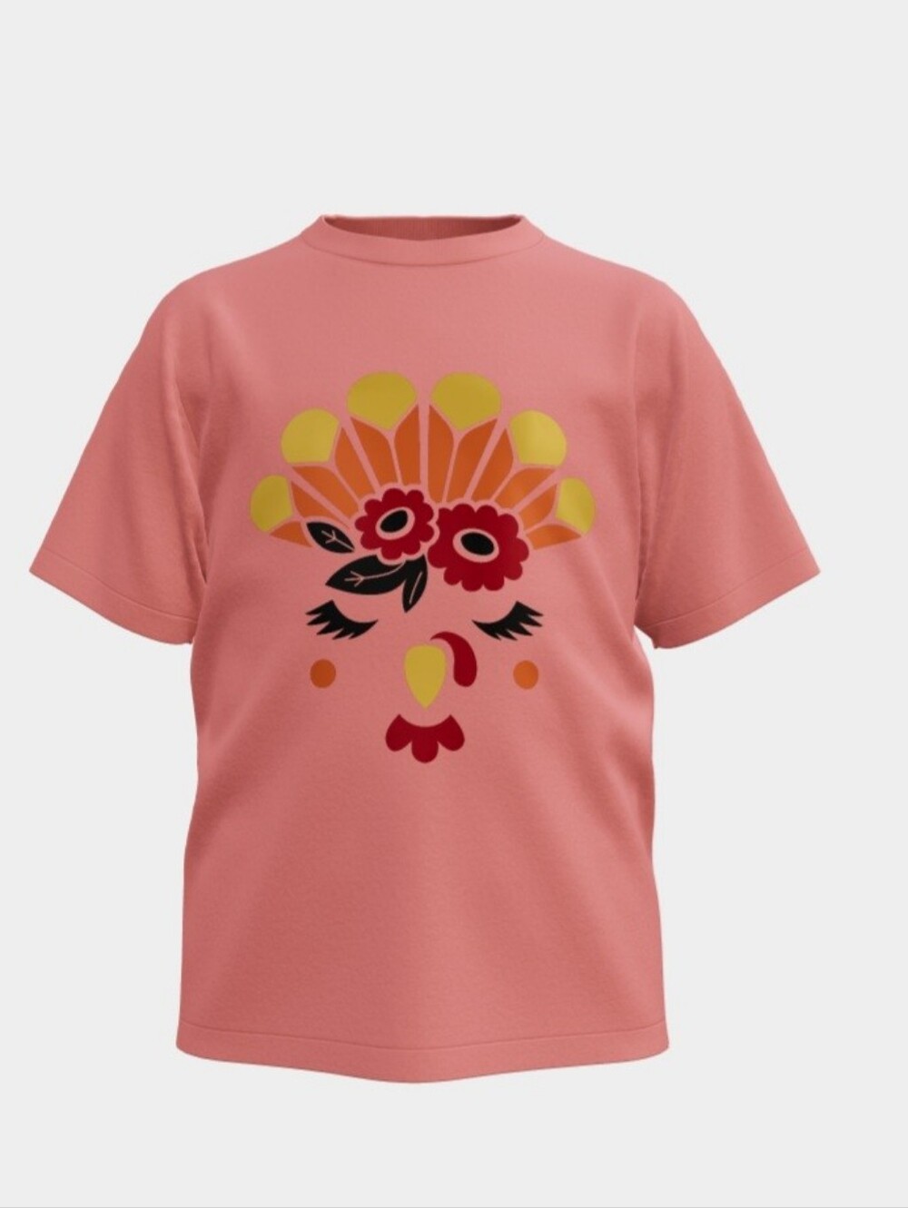 Pink Short-Sleeve Kids Tee with Turkey Floral Face Graphic